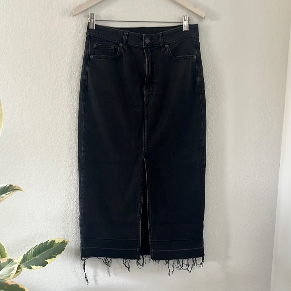 Women's Black Denim Midi Skirt w Raw Hem